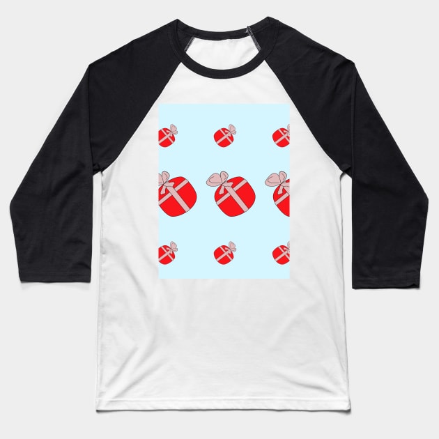 Red gifts on a blue background. Festive surprises, good mood. Boxes for the holiday. Baseball T-Shirt by grafinya